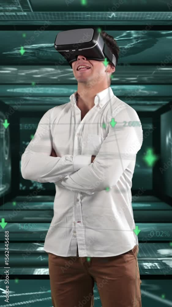Aufkleber man using vr headset against screens with medical data processing