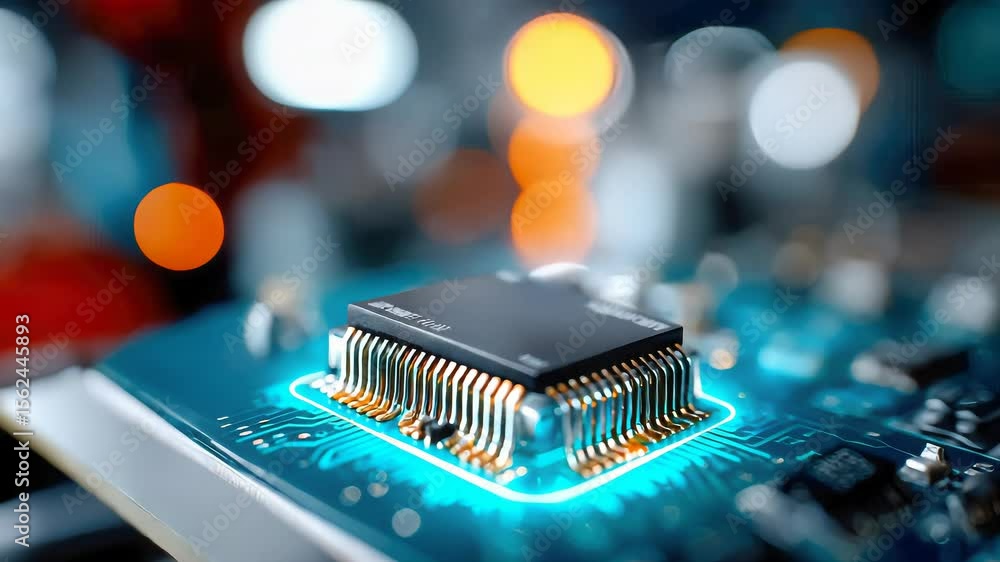 Poster macro view of a glowing computer microchip on a circuit board, surrounded by red and teal lights