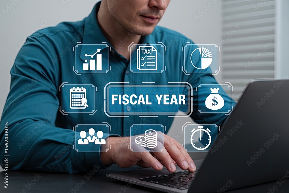 Poster man using laptop with digital interface displaying fiscal year icons for finance tax growth and time