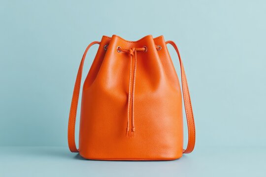 portrait of drawstring bucket bag in paprika orange leather against pale blue wall