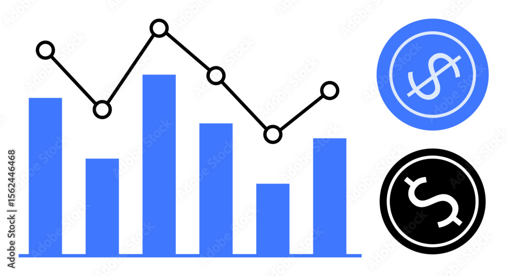 Poster bar chart and line graph showing data trends with dollar icons on the side. ideal for finance, busin