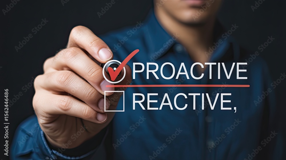 Poster person s hand selecting proactive over reactive on a digital screen with a red checkmark and a blank