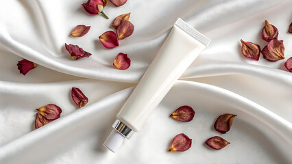 White tube of cream on a white silk background with scattered rose petals around the product tube - ai generated
