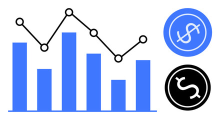 Bar chart and line graph showing data trends with dollar icons on the side. Ideal for finance, business analysis, investment, data trends, economic reports, statistics, and success visualization