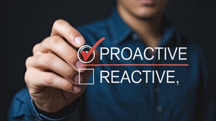 Person s hand selecting proactive over reactive on a digital screen with a red checkmark and a blank checkbox