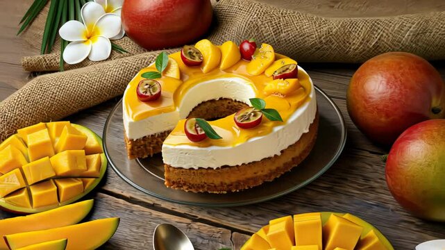 Tropical mango delight: fruit cake and sliced mangoes with decorative elements