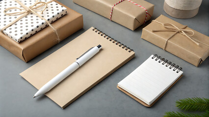 Still life of wrapped gifts with notebooks and a pen on a gray surface creating a festive scene - ai generated