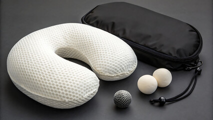 Still life of a white travel pillow with massage balls and a black carrying case on a gray surface - ai generated
