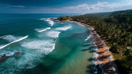A pretty beach in Brazil called Praia do Forte, seen from above. It has palm trees and calm ocean waves. It's in Mata de Sao Joao.