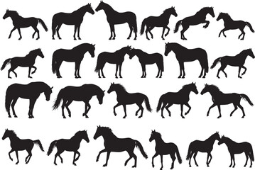 Set of Silhouette Vector Illustration of Horses Including Stallions Mares and Colts in Black and White Minimalist Style