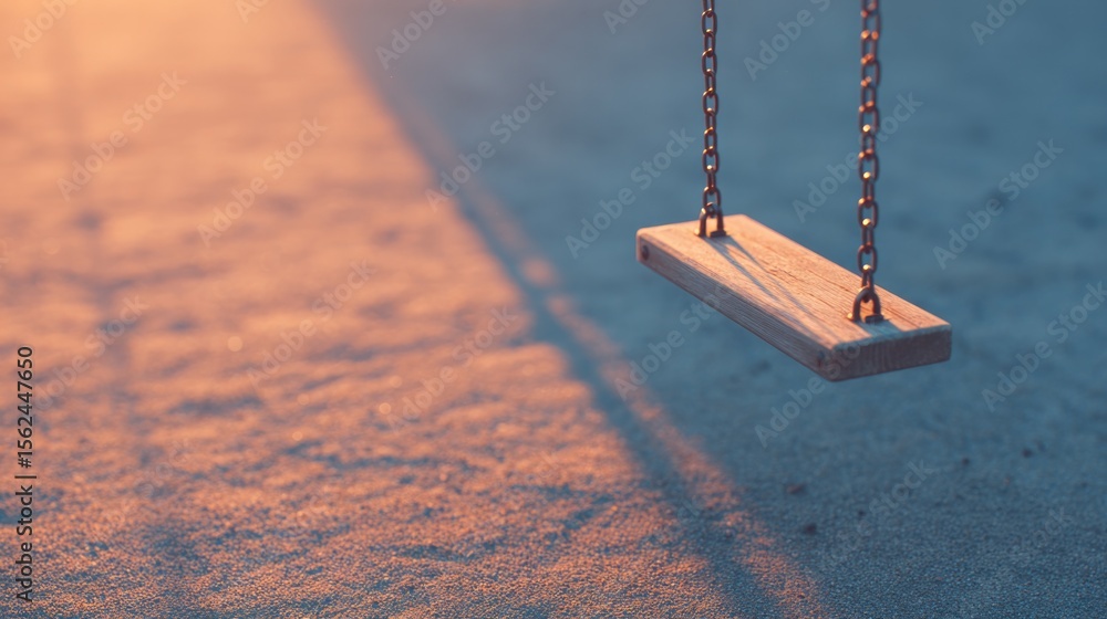 Poster drone-view overhead of empty playground at dusk broken swing gently swaying shadows long and moody