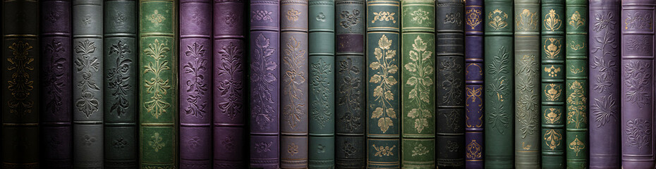 Books in embossed, worn bindings in green and purple colours are tightly packed on the shelves in the library. Study, classroom, university, office, library. Education Template, banner, post, networks