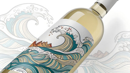 Close up of a white wine bottle with a wave design label and background wave illustration - ai generated