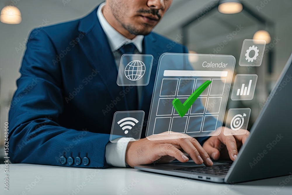 Poster businessman interacting with a holographic calendar interface displaying a green checkmark and vario