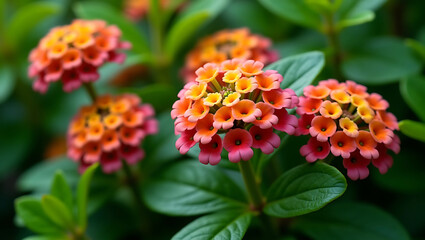 A vibrant cluster of lantana flowers displays a gradient of yellow, orange, and pink petals among lush green leaves
