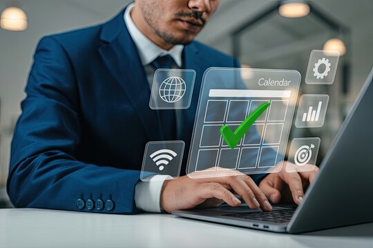 Businessman interacting with a holographic calendar interface displaying a green checkmark and various business icons on a laptop
