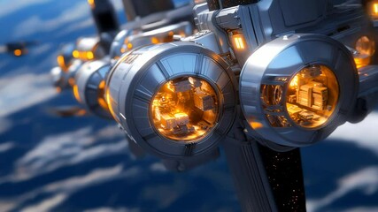 A futuristic spacecraft with glowing orange lights and metallic structure. The scene captures the essence of advanced space technology against a backdrop of clouds. - Powered by Adobe