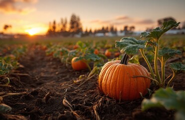 Ripe pumpkin growing in field at sunset during autumn harvest season