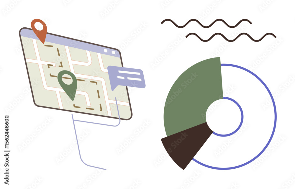 Poster map with location markers, chat bubble for communication, pie chart for data representation, wavy li