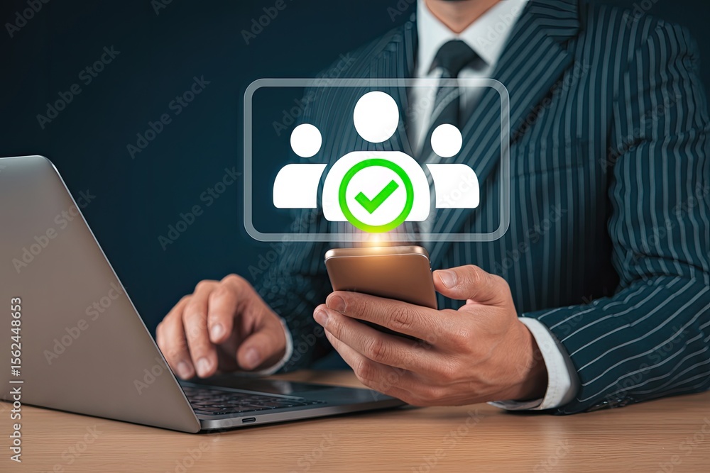 Poster businessman using smartphone and laptop with digital interface showing approved team members and a g