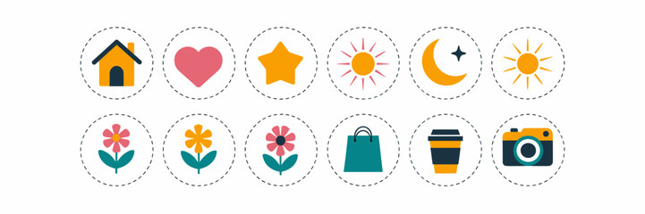 Circular dotted pattern icon sheet with everyday symbols