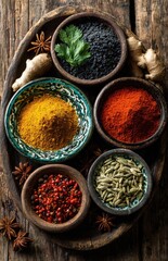 Colorful spices and herbs in bowls on rustic wooden tray