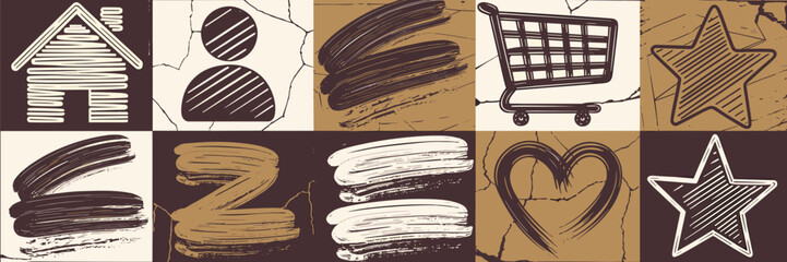 Hand-drawn brush stroke icons with grunge texture on rough background
