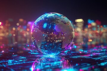 Globe spins over illuminated world map in captivating digital environment, globe spinning over world map