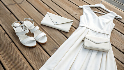 White dress with matching purse and sandals on a wooden surface for a fashion flat lay shot - ai generated