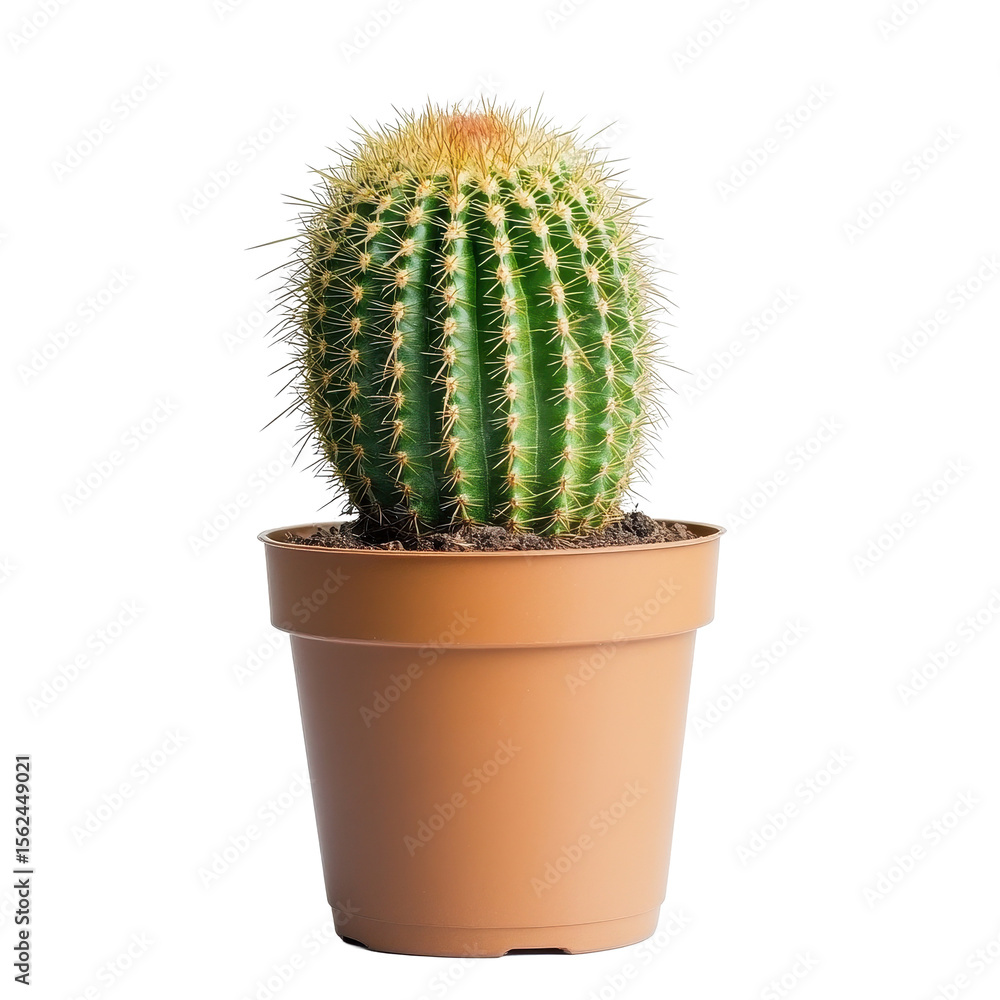 Poster closeup view of a cactus in a pot showcasing its vibrant green color and spines during daylight, clo