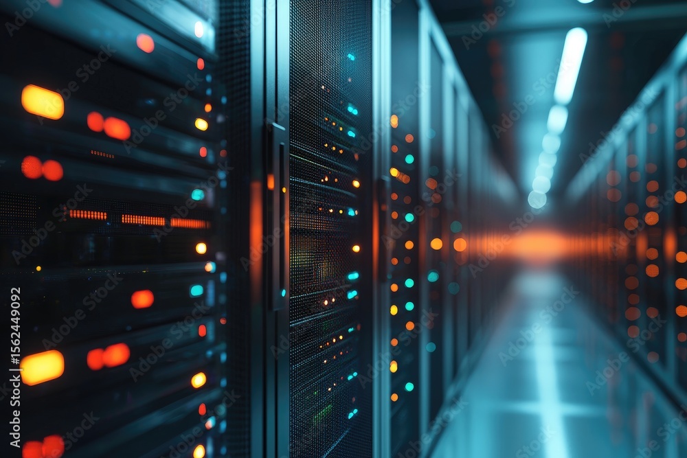 Poster Glowing server rack corridor in modern data center with soft reflections and vibrant lights, great for cloud computing, IT infrastructure, and cybersecurity themed designs