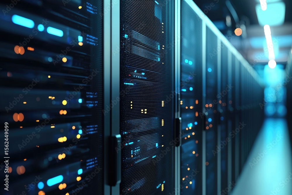 Poster Modern data center server racks with blue and yellow indicator lights in a cool corridor, ideal for cloud computing, IT infrastructure, cybersecurity, and network services