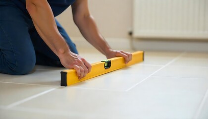 Professional worker using a spirit level to ensure perfect tile installation on a new floor, created with generative ai