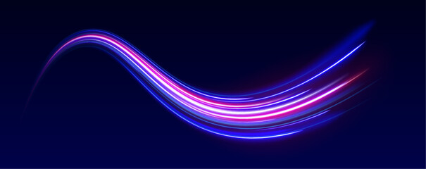 Neon color glowing lines background, high-speed light. Modern abstract high-speed light motion effect on a black background, featuring neon stripes in the form of drills, turns, and swirls.	