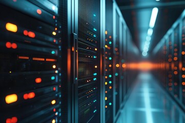 Glowing server rack corridor in modern data center with soft reflections and vibrant lights, great for cloud computing, IT infrastructure, and cybersecurity themed designs