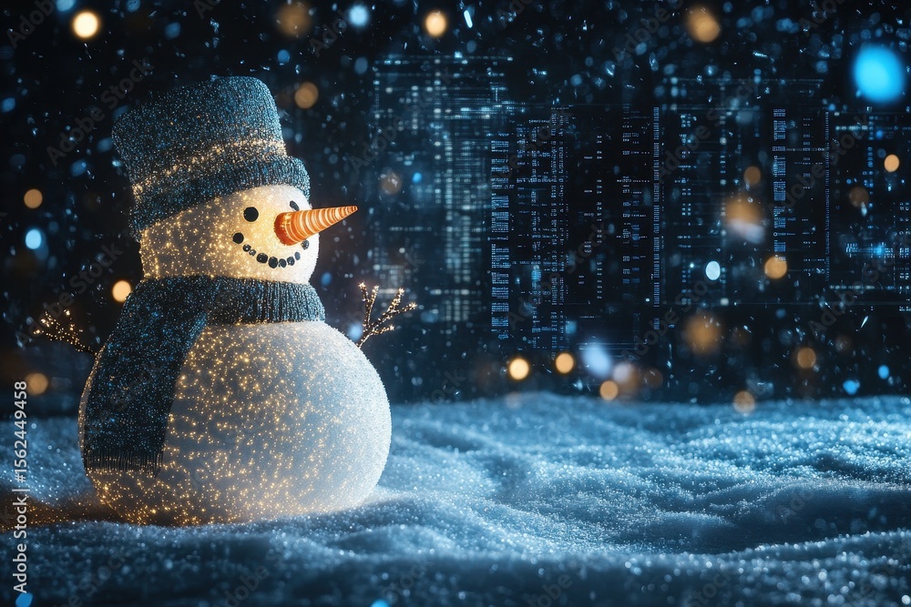 Poster stars fall gently over a glowing snowman in a winter wonderland capturing data processing in the bac