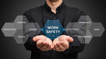 Man holding a digital interface displaying work safety concepts including hazards protection danger health and workplace risks procedures