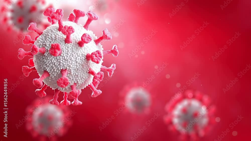 Poster detailed 3d rendering of virus particle with distinctive spike proteins against red blurred backgrou