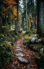 Obraz premium Stone path winding through a colorful autumn forest