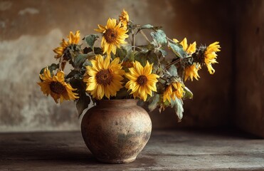Bouquet of sunflowers sitting in rustic clay pot on wooden table