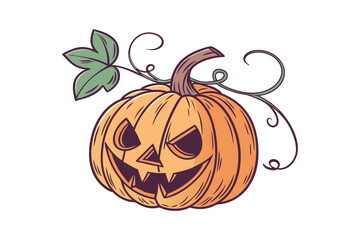halloween pumpkin with green leaf curly vine spooky expression