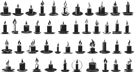 Vector Illustration of Burning Wax Candle Icons with Glowing Flames in Black and White Silhouette Style 