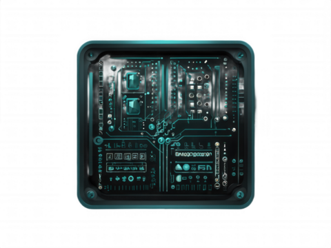 Close up of a square teal circuit board against a black background