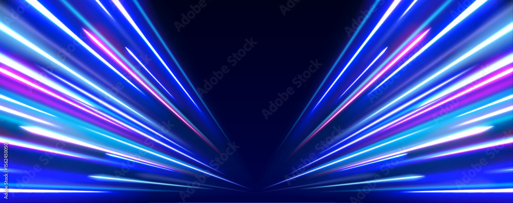 Poster vector speed of light in space on dark background. abstract background in blue, yellow and orange ne