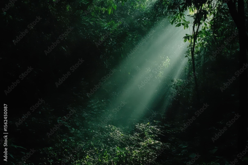 Poster sunlight filters through a lush green forest creating ethereal patterns on the forest floor, green f