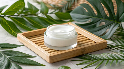 White cream jar on a wooden tray surrounded by green leaves for a natural skincare aesthetic - ai generated