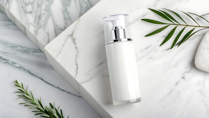 White bottle with pump on marble surface with green sprigs in a minimalist setting for skincare product - ai generated