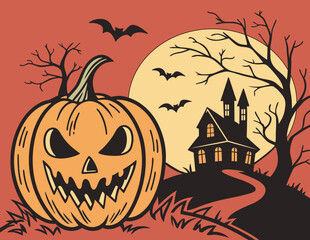 spooky halloween scene haunted house pumpkin bats moon graveyard tree