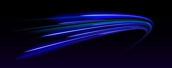 Technology background with motion neon light effect. Abstract neon light trails in a futuristic high-speed motion design. Vector glitter light fire flare trace.	