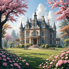 Obraz premium Grand Spring Manor: Elegant Spring Landscape with a Historic Chateau and Blooming Cherry Blossom Garden